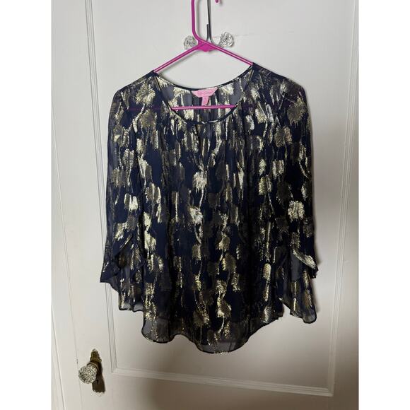 Lilly Pulitzer Beccer Silk Clip Top Navy Blue Gold Blouse Top Women's XS - Picture 6 of 10